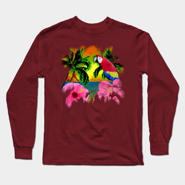 Tropical Beach And Parrot Long Sleeve T-Shirt by macdonaldcreativestudios